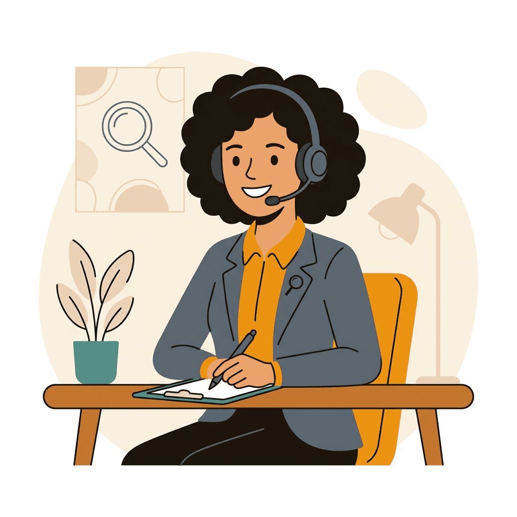 A mystery shopper on a headset taking notes